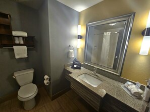 A bathroom with a toilet, sink, and mirror. - Holiday Inn Express & Suites Perry-National Fairground Area, an IHG Hotel (Perry)