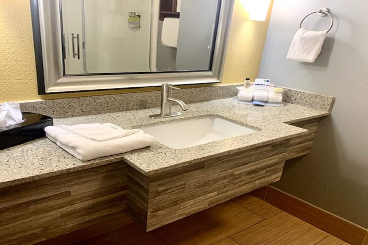 combined shower/bathtub, free toiletries, hair dryer, towels