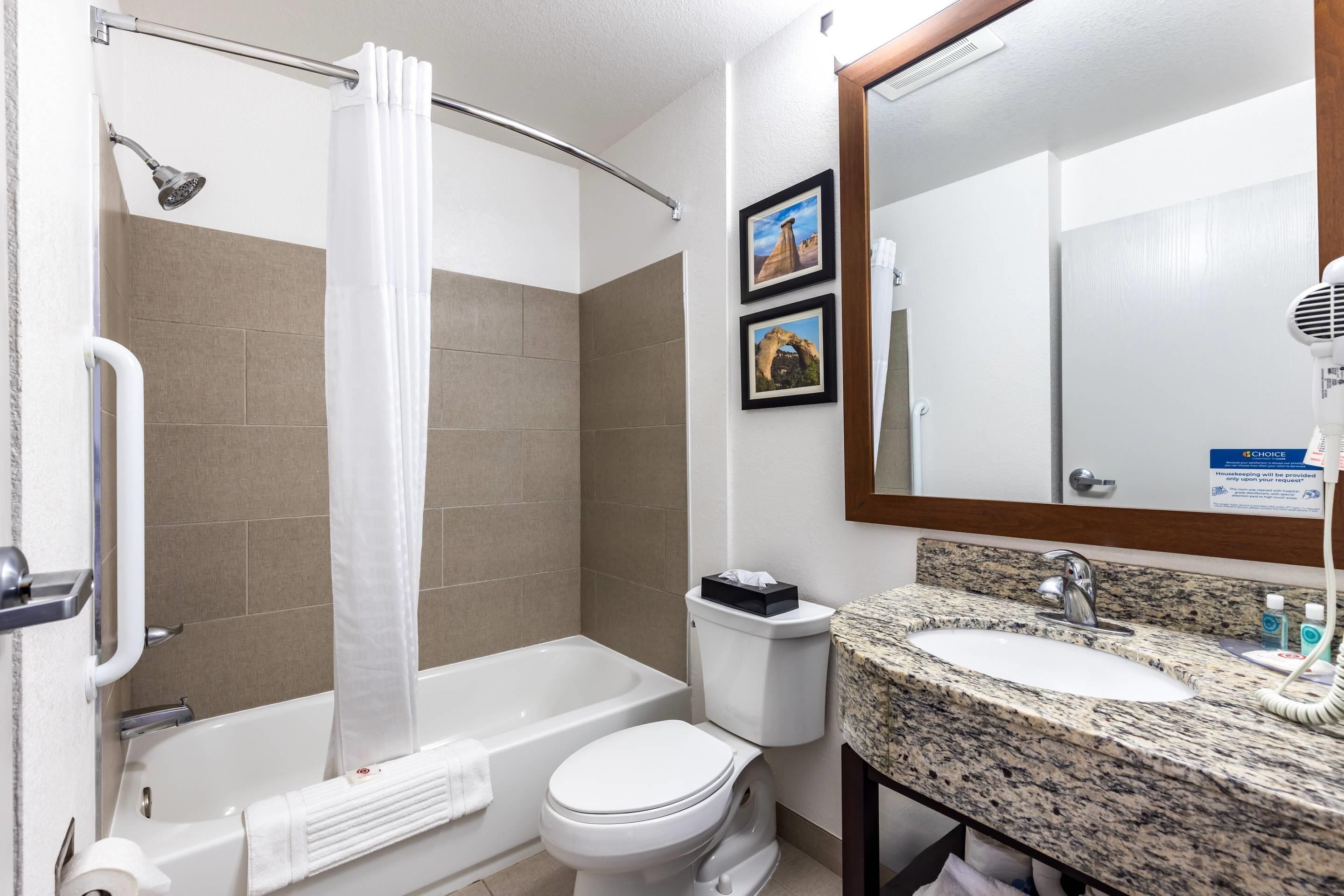 A bathroom with a shower, toilet, and sink.