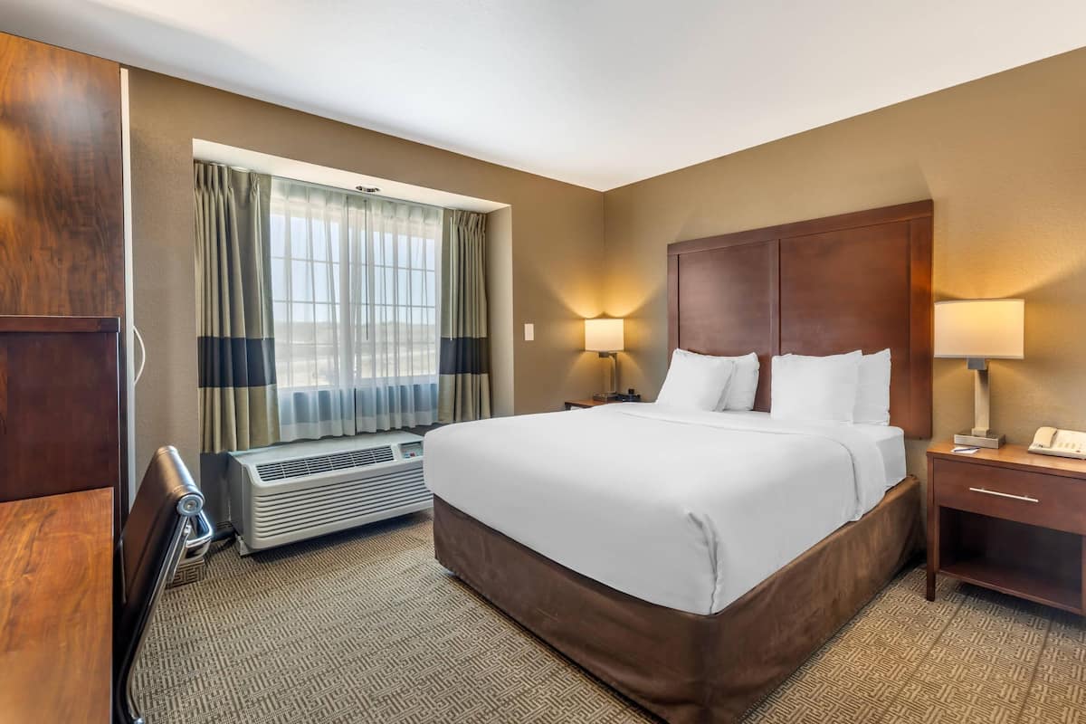Habitación de hotel con una cama grande, un escritorio, una silla, una ventana con cortinas y un calentador fijado a la pared.