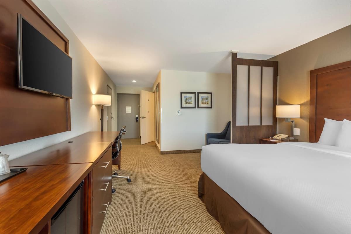 Habitación de hotel con una cama grande, un escritorio con televisor de pantalla plana, una silla y una mesita de noche con lámpara.