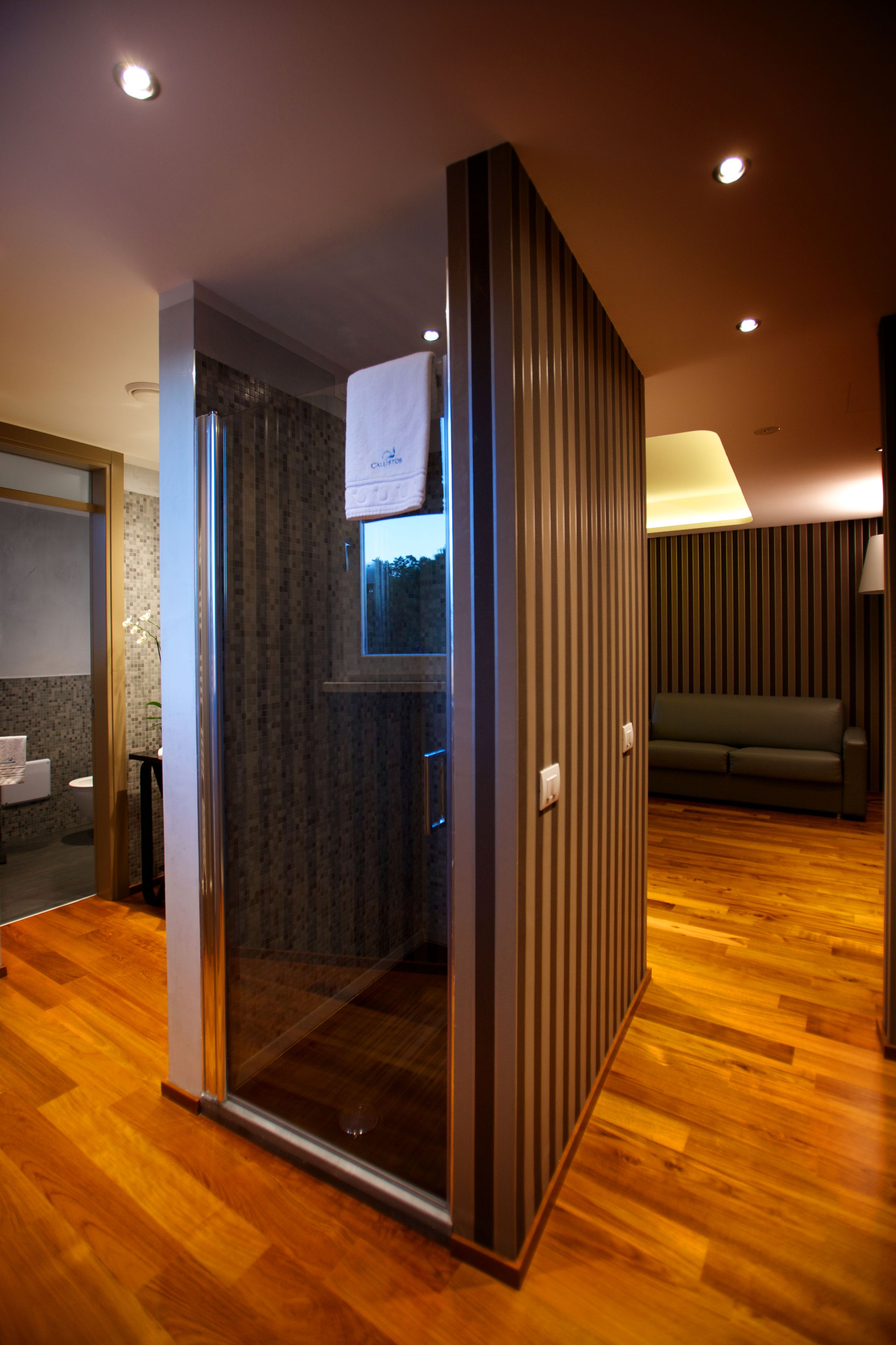 Un baño moderno con cabina de ducha de vidrio, suelo de madera, sofá verde y ventana con vistas.
