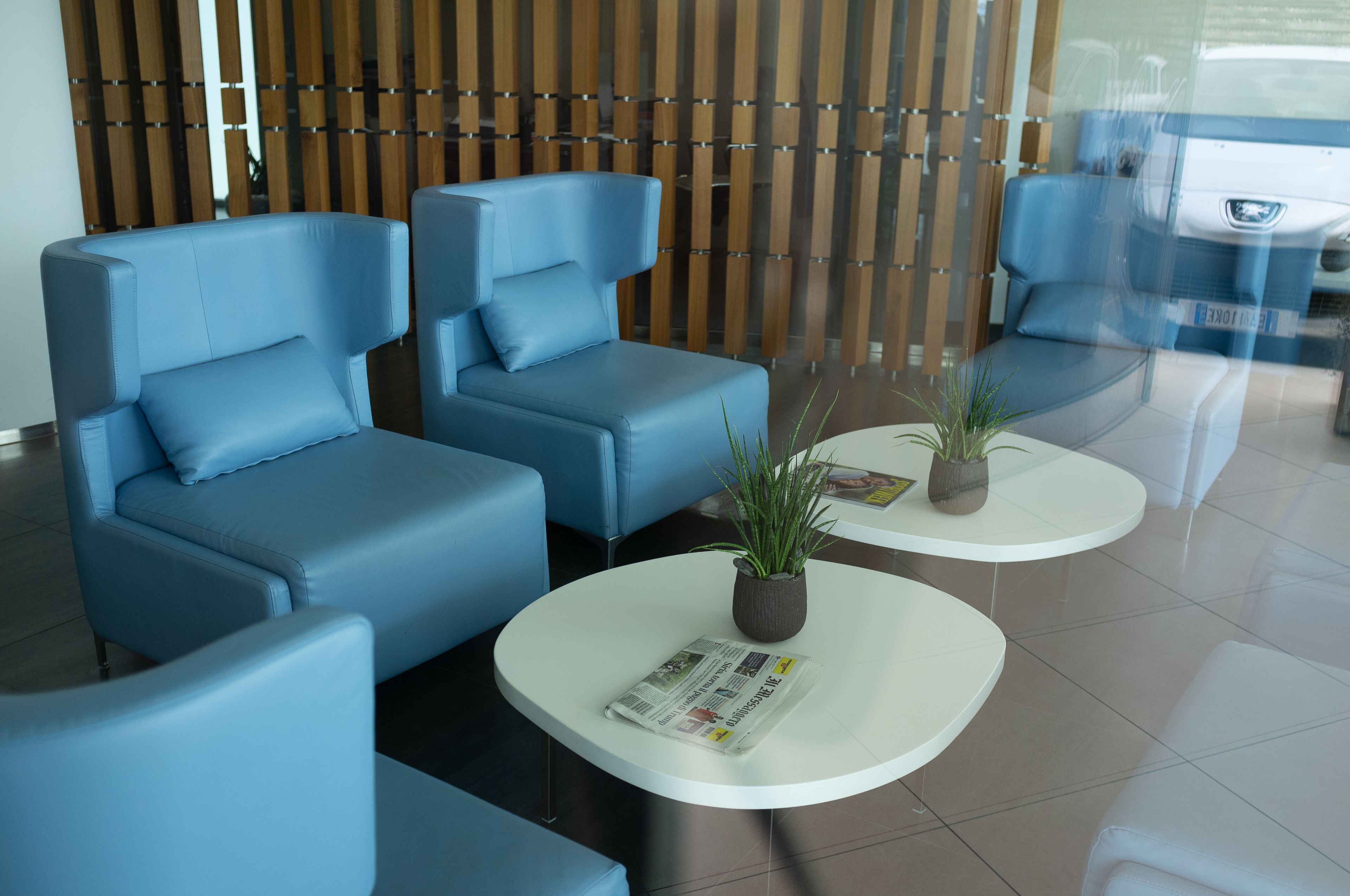 A modern waiting area with blue sofas and white coffee tables, featuring a potted plant and a newspaper.