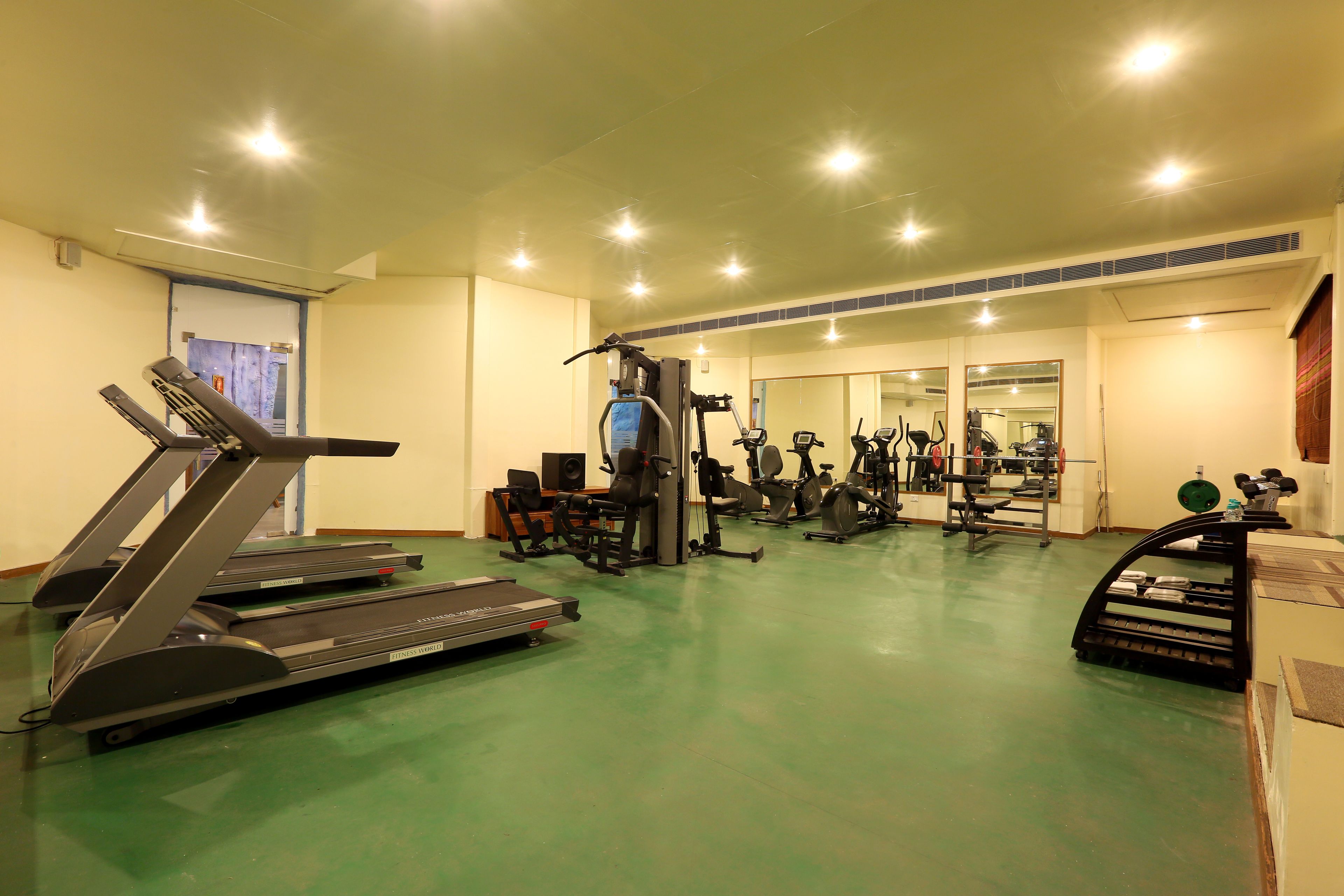A gym with treadmills, stationary bikes, and weight machines.