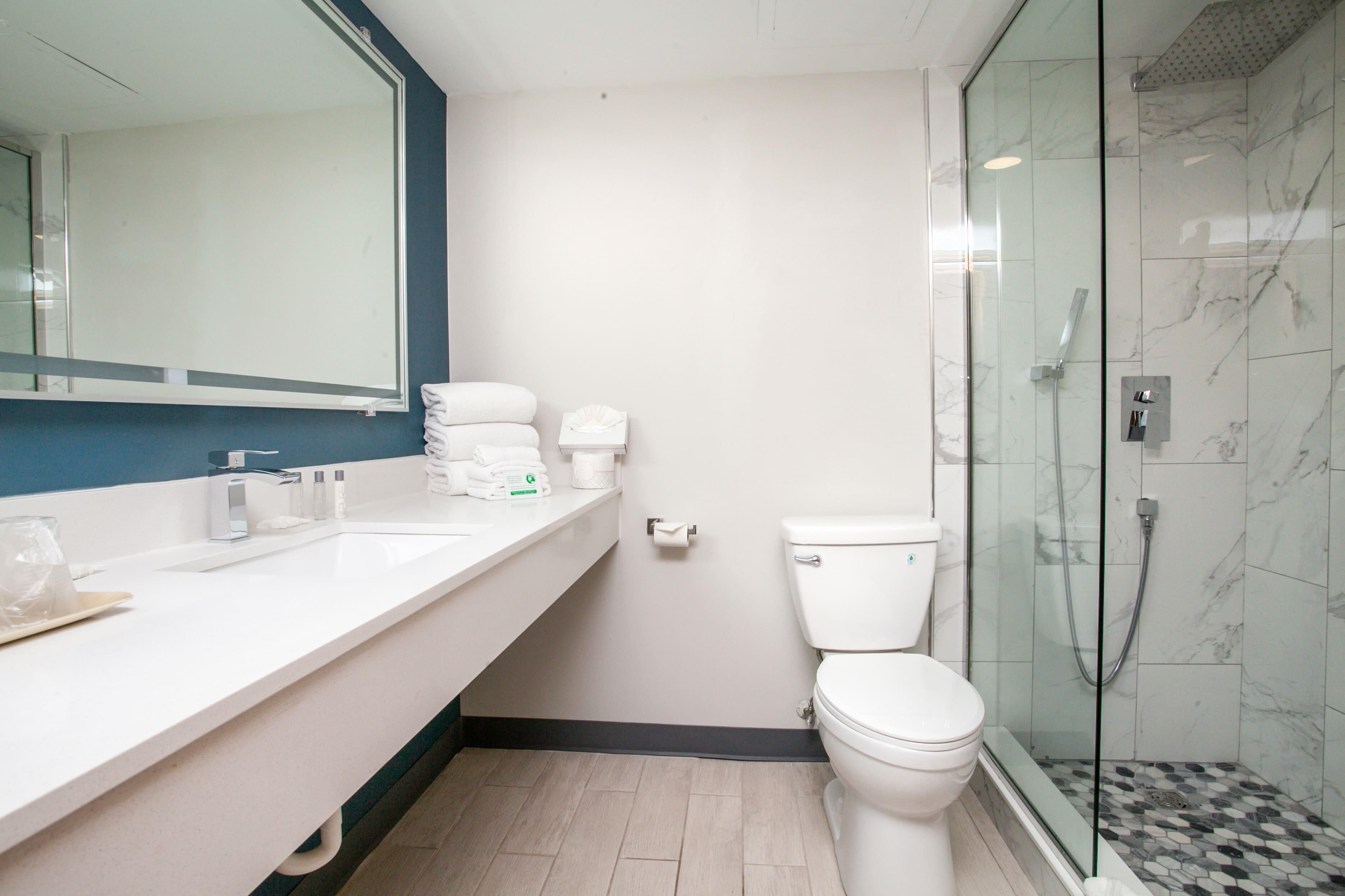 Un bany amb un lavabo blanc, vàter i cabina de dutxa de vidre.
