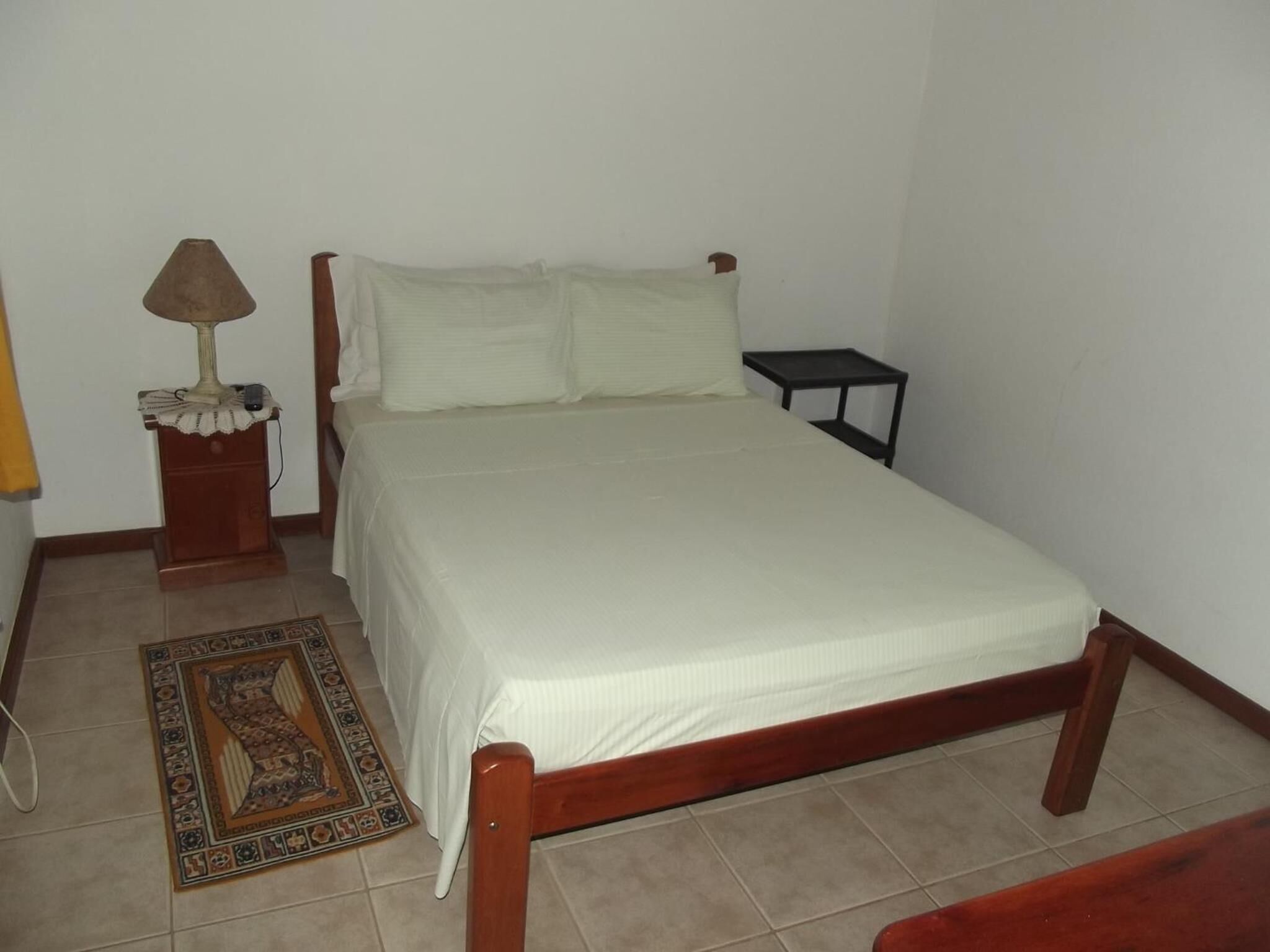 A single bed with a wooden frame, white bedding, a bedside table with a lamp, and a small rug on the floor.