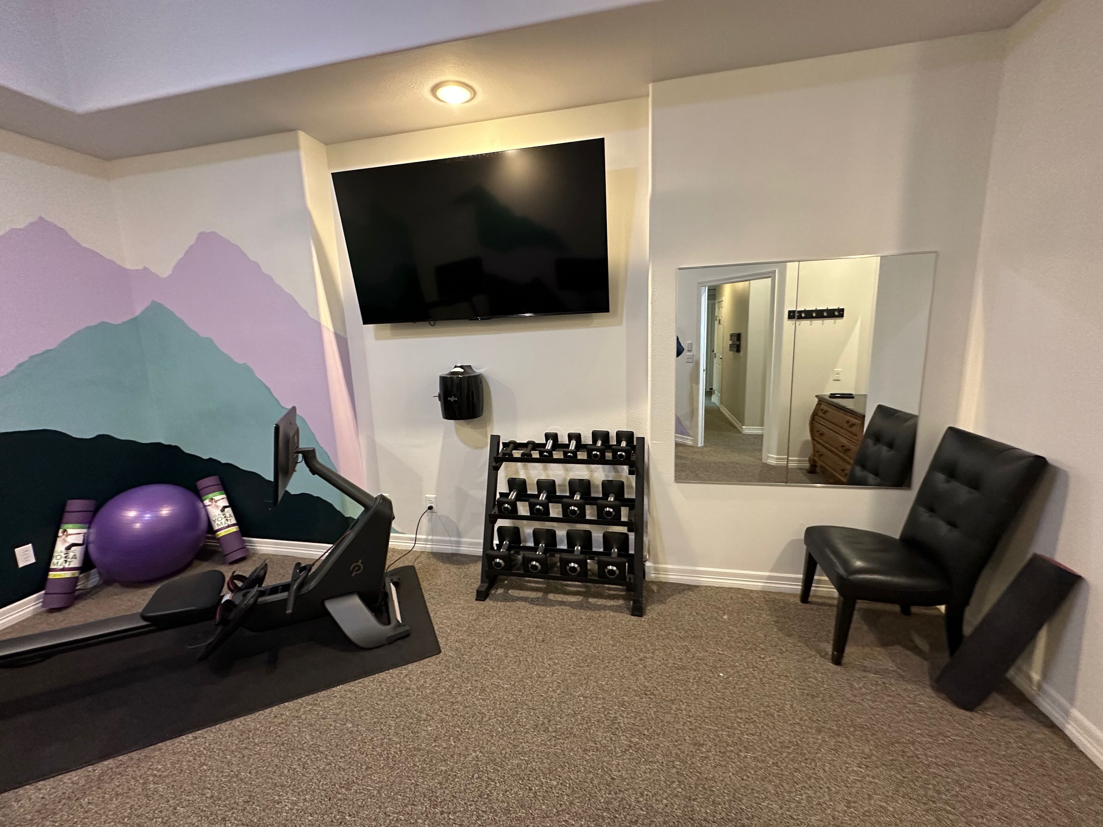 A room with a treadmill, dumbbells, a purple exercise ball, a TV, and a mirror.