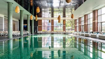 Indoor pool, outdoor pool, pool umbrellas, sun loungers