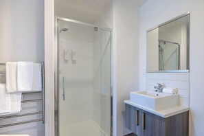 Shower, hair dryer, towels, soap