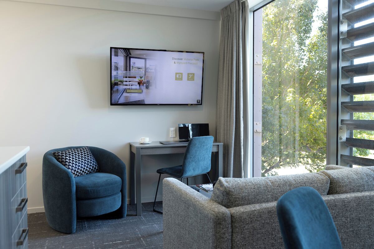 Flat-screen TV, iPod dock