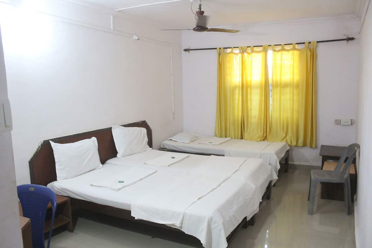 Desk, blackout drapes