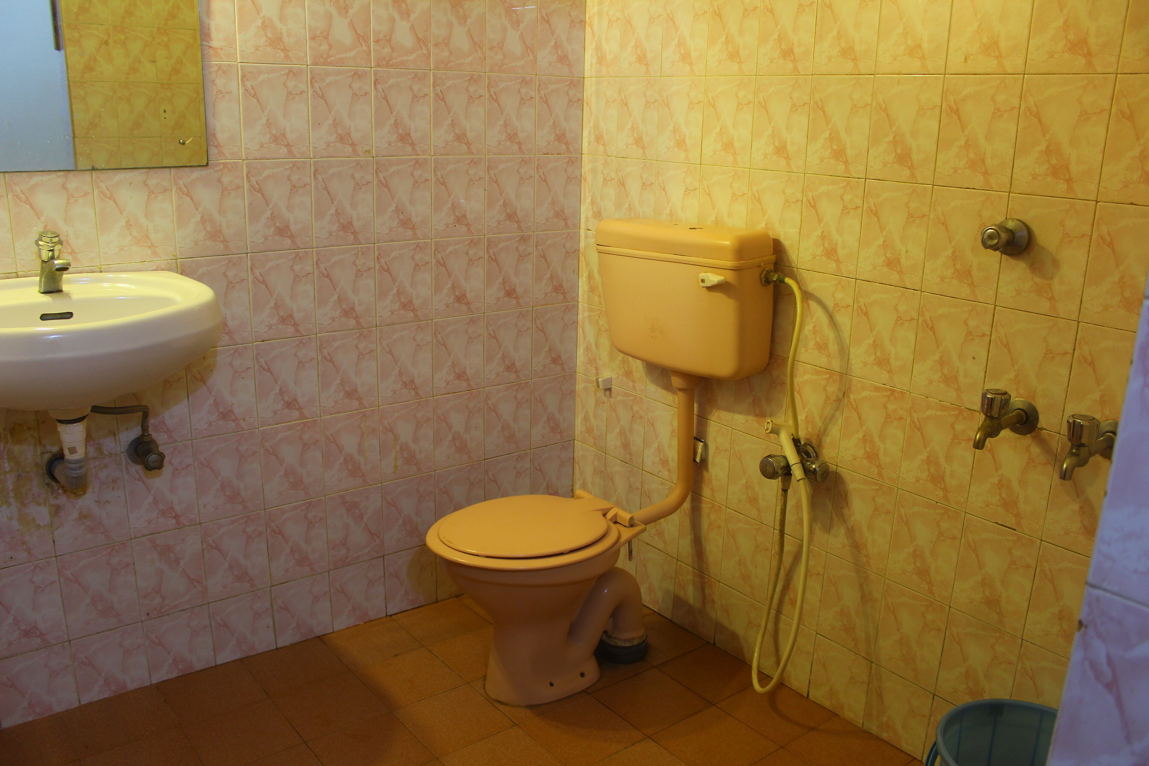 Une salle de bain avec des toilettes, un lavabo et une douche.