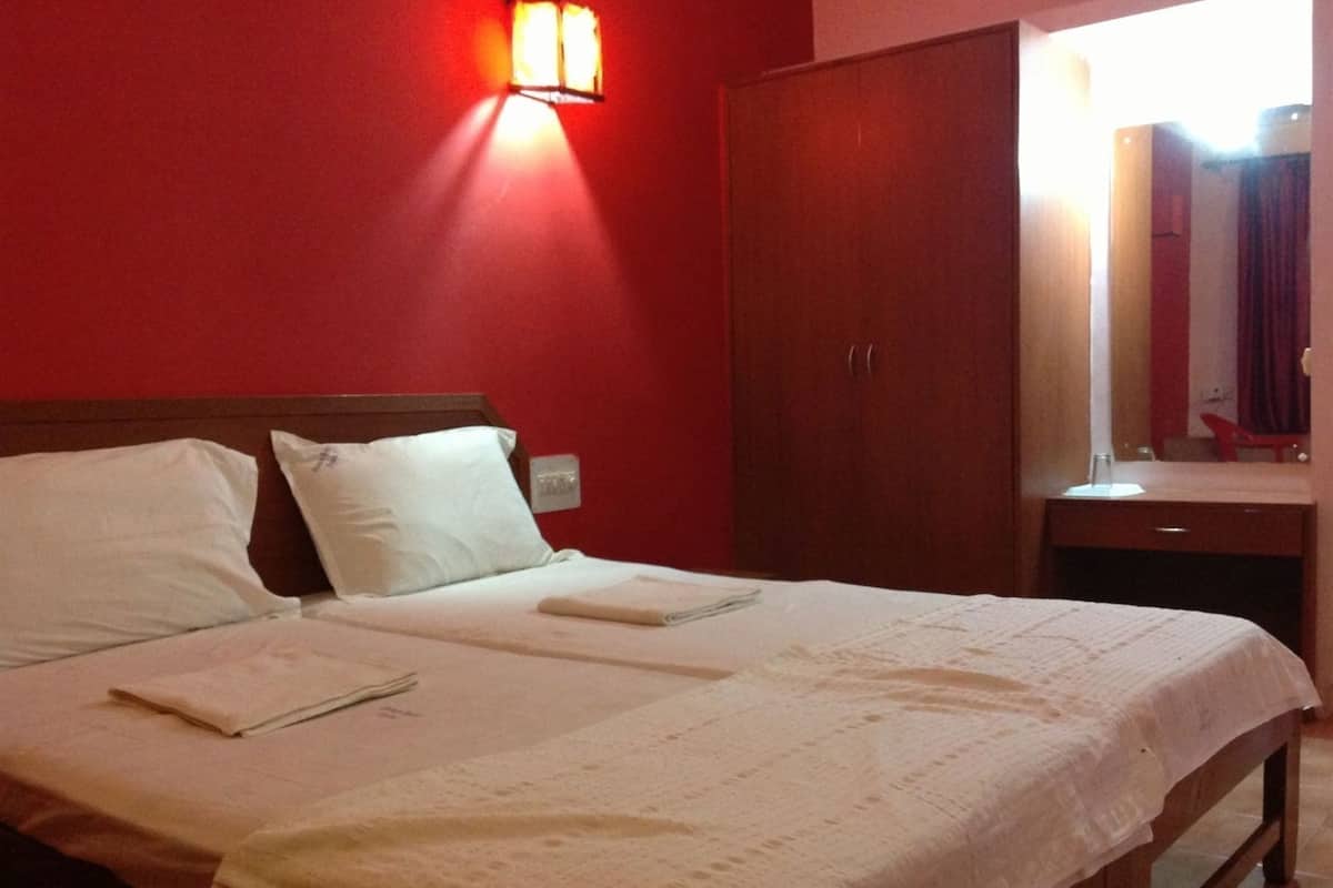 Desk, blackout drapes