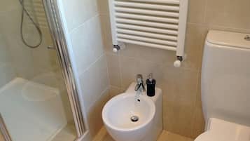 Separate tub and shower, rainfall showerhead, hair dryer, bidet