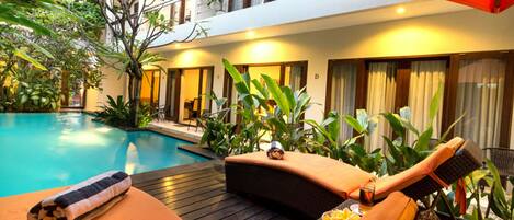 Outdoor pool, pool umbrellas, pool loungers