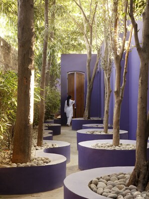 Un jardín interior tranquilo con un sendero que conduce a una puerta de madera, rodeado de árboles y macetas moradas con rocas.