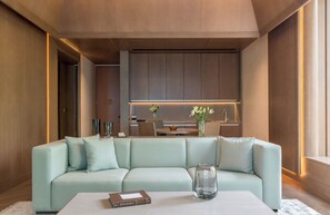 The Roseate Luxury Suite, Hi-Tea, 20% Dis Food & Soft Bev Spa Laundry Car Service, Airport Transfers | Living area | 40-inch LED TV with cable channels, TV, pay movies - The Roseate New Delhi (New Delhi)