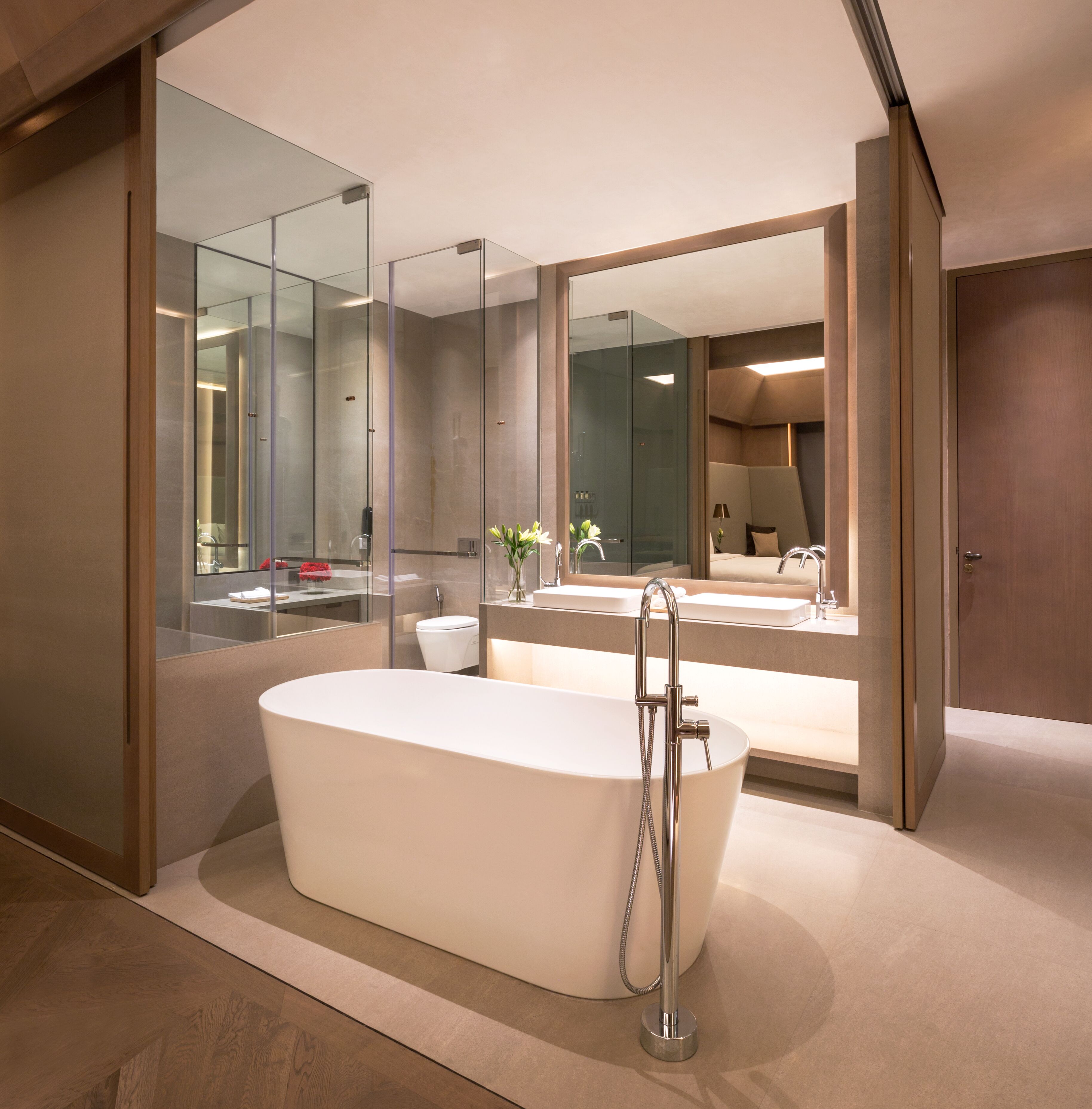 separate bathtub and shower, deep-soaking bathtub, rainfall showerhead