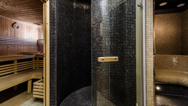 A sauna with wooden benches and a glass-enclosed shower area. - Hotel La Siesta (Wladyslawowo)