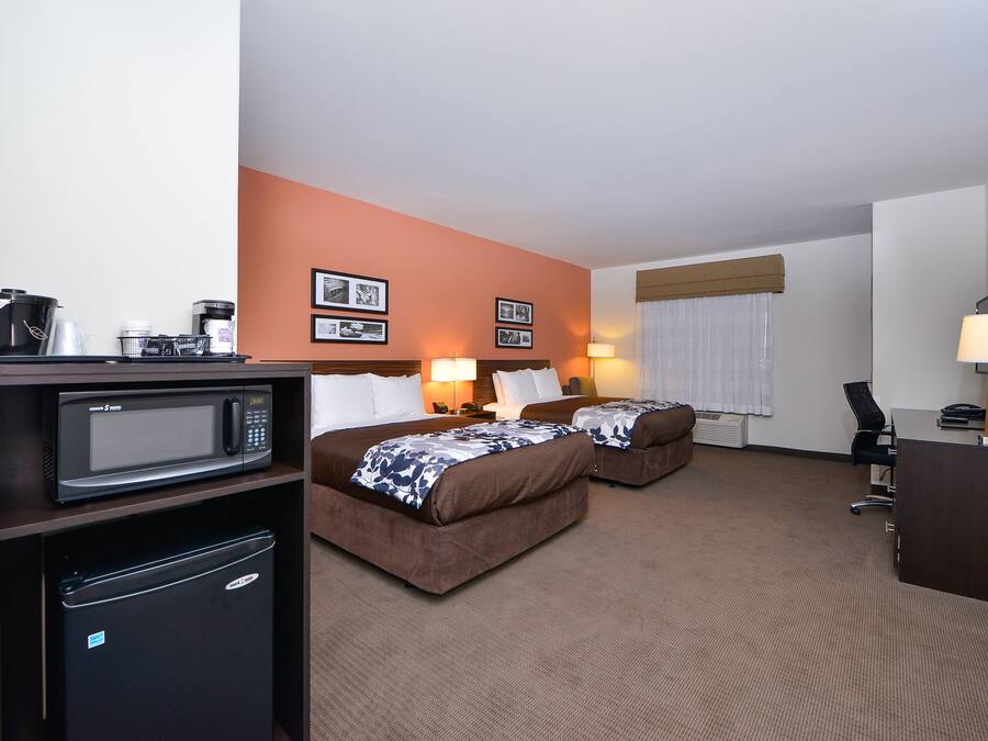 Een hotelkamer met twee bedden, een magnetron, een minibar, een bureau en een lamp.