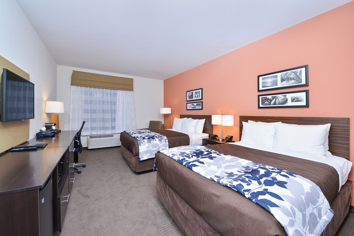 A hotel room with two beds, a desk, a chair, a TV, and two lamps.
