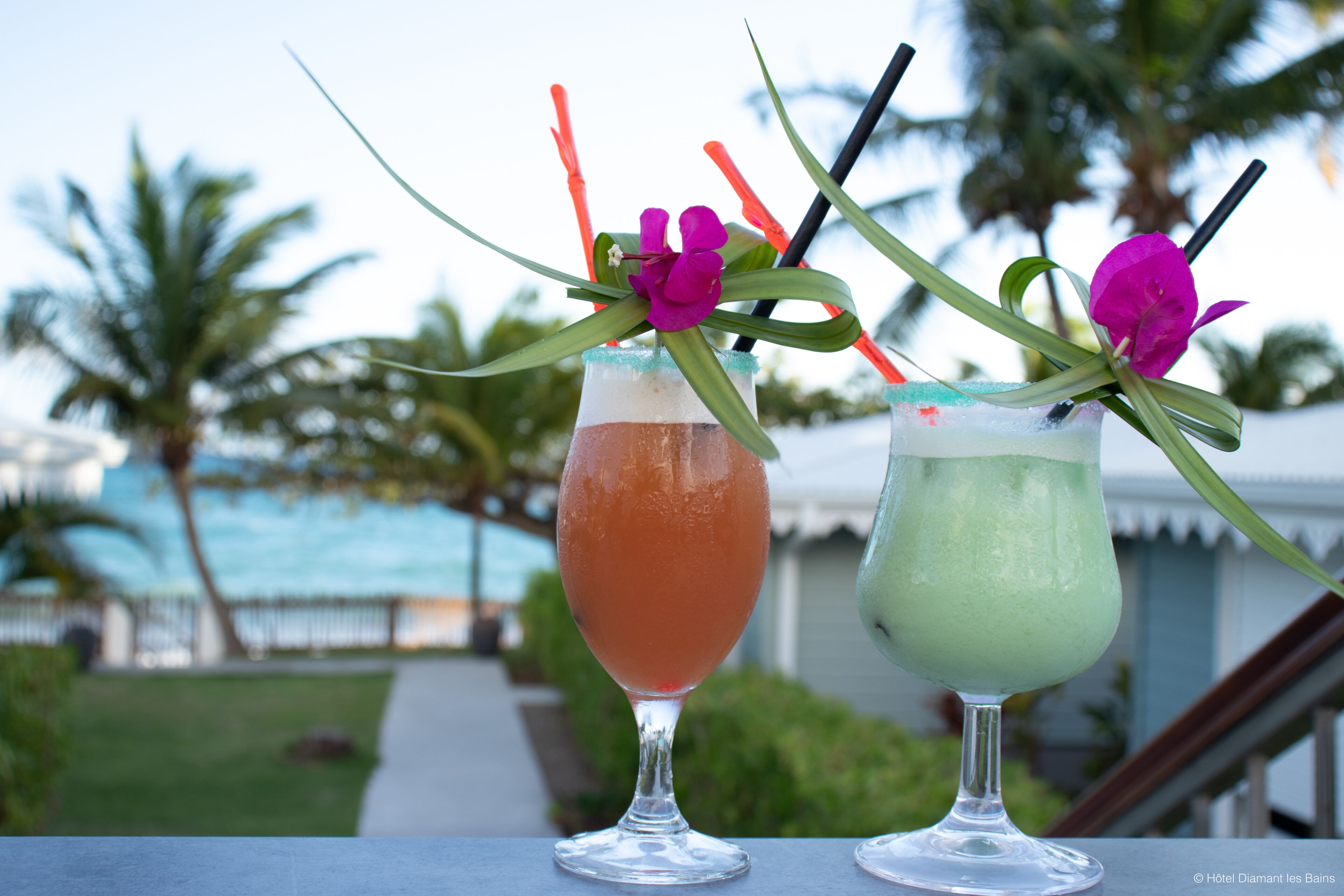 Two cocktails with straws and flowers on a table with a view of palm trees and a pathway.