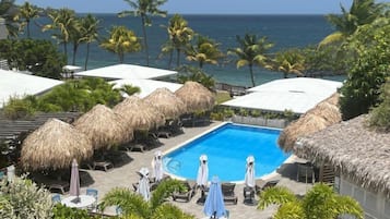 Outdoor pool, pool umbrellas, pool loungers