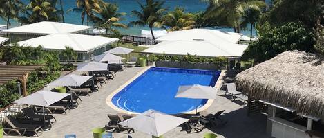 Outdoor pool, pool umbrellas, pool loungers