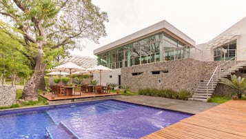 Indoor pool, outdoor pool, sun loungers