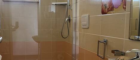 Un baño con ducha de mampara de vidrio, inodoro y lavabo con espejo.