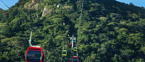 Un sistema de teleférico con varias cabinas ascendiendo una montaña.