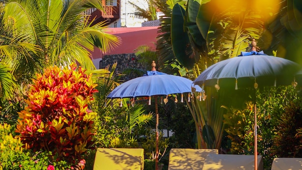 A pool area with lounge chairs and umbrellas, surrounded by tropical plants and a building in the background. - Hotel Hacienda de Abajo - Adults Only (Tazacorte)