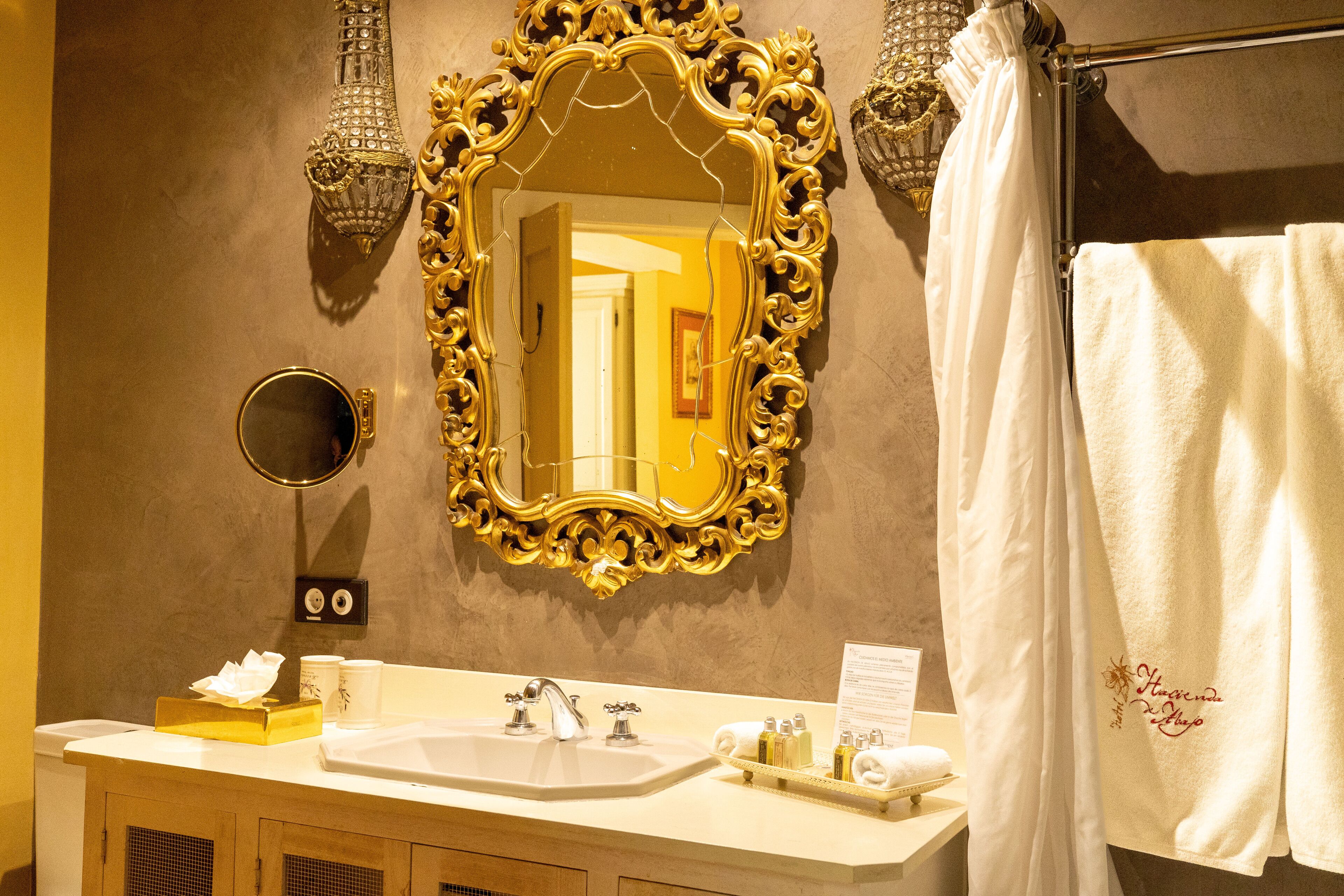 Un bagno con uno specchio grande e decorativo, un lavabo con articoli da toilette e un porta asciugamani.