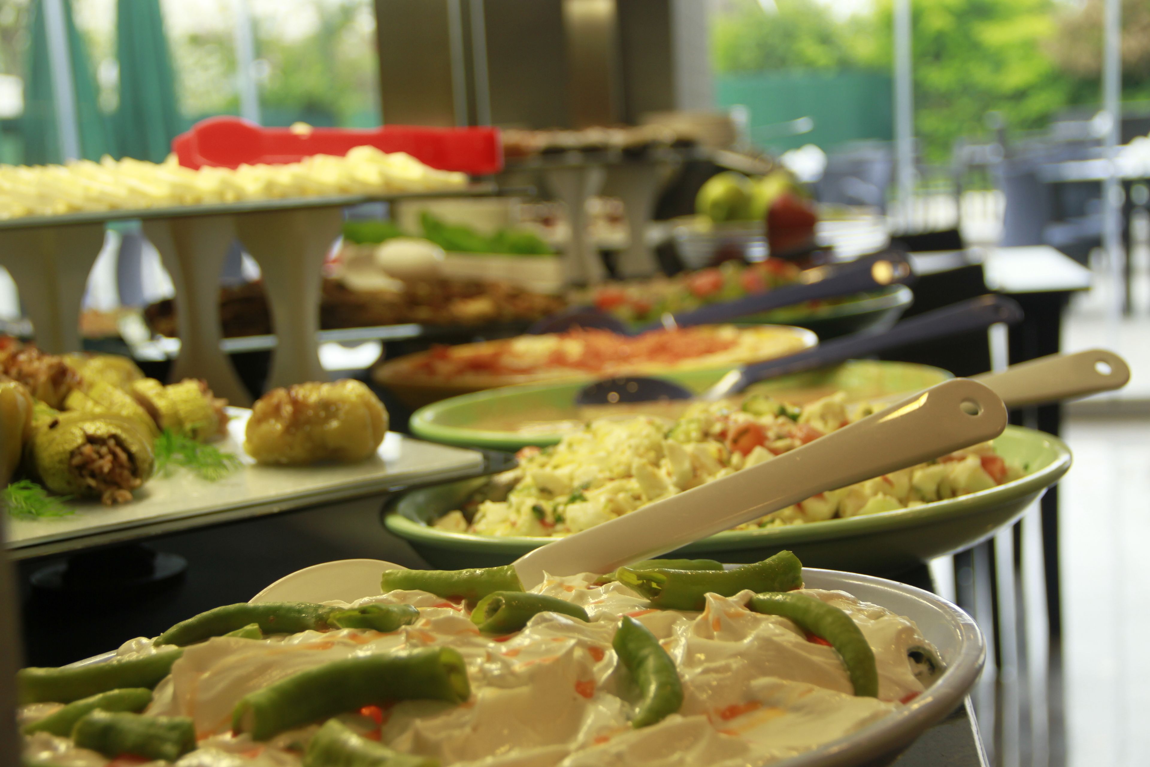 Un buffet proposant divers plats, notamment des haricots verts, des pommes de terre et d’autres aliments préparés.