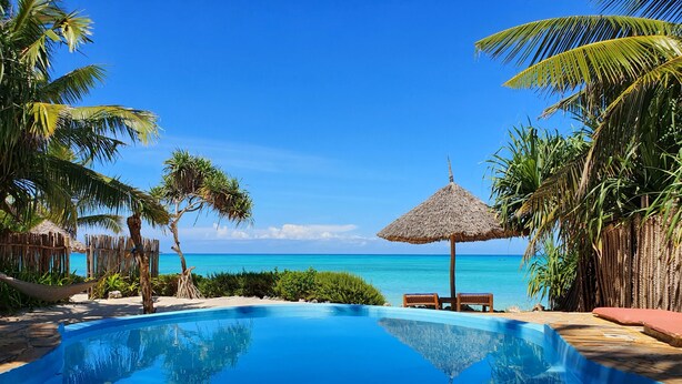 A clear blue pool with a view of the ocean, surrounded by palm trees and a thatched umbrella. - The Zanzibari (Nungwi)
