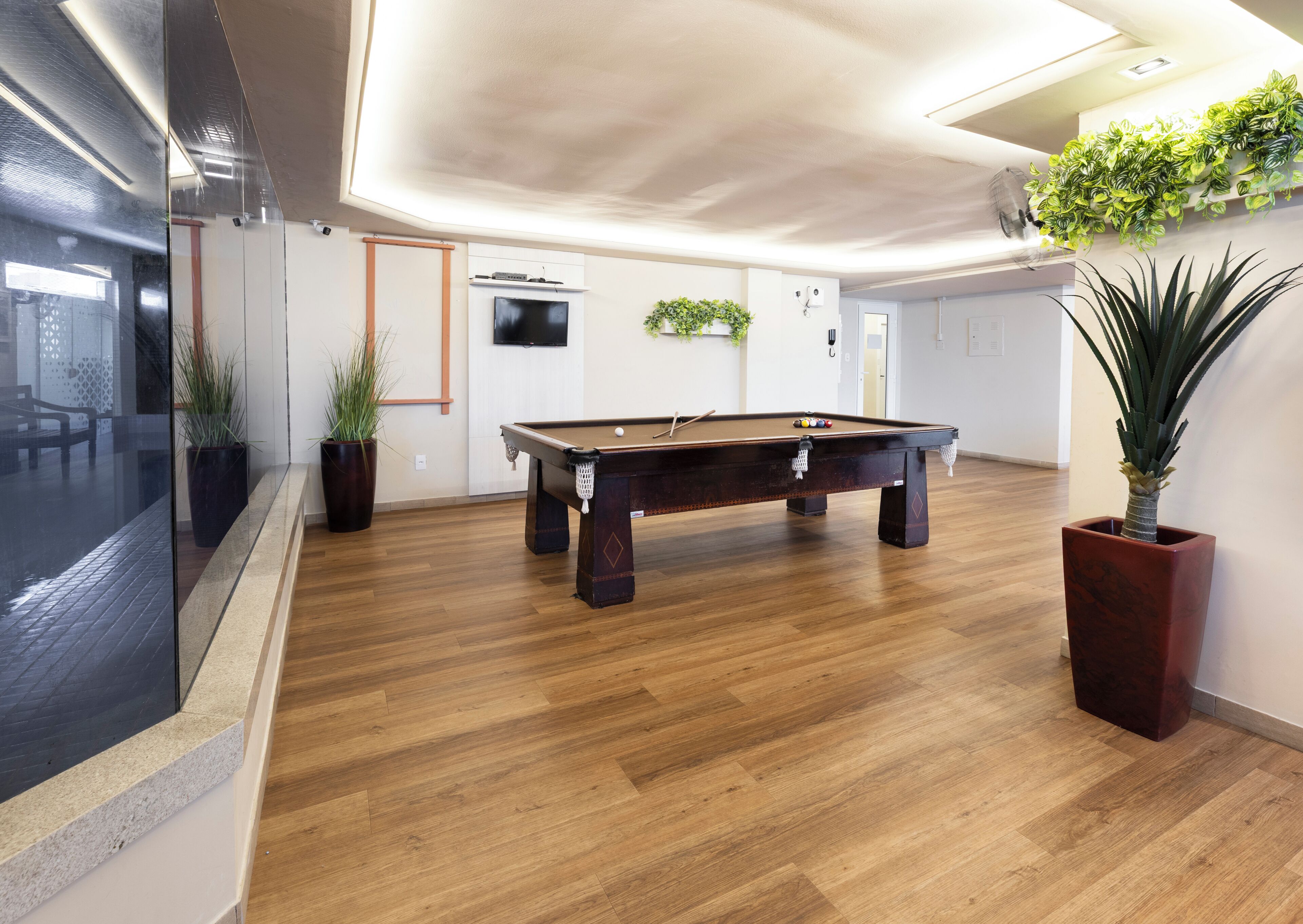 A pool table in a room with wooden flooring, a TV mounted on the wall, and potted plants.