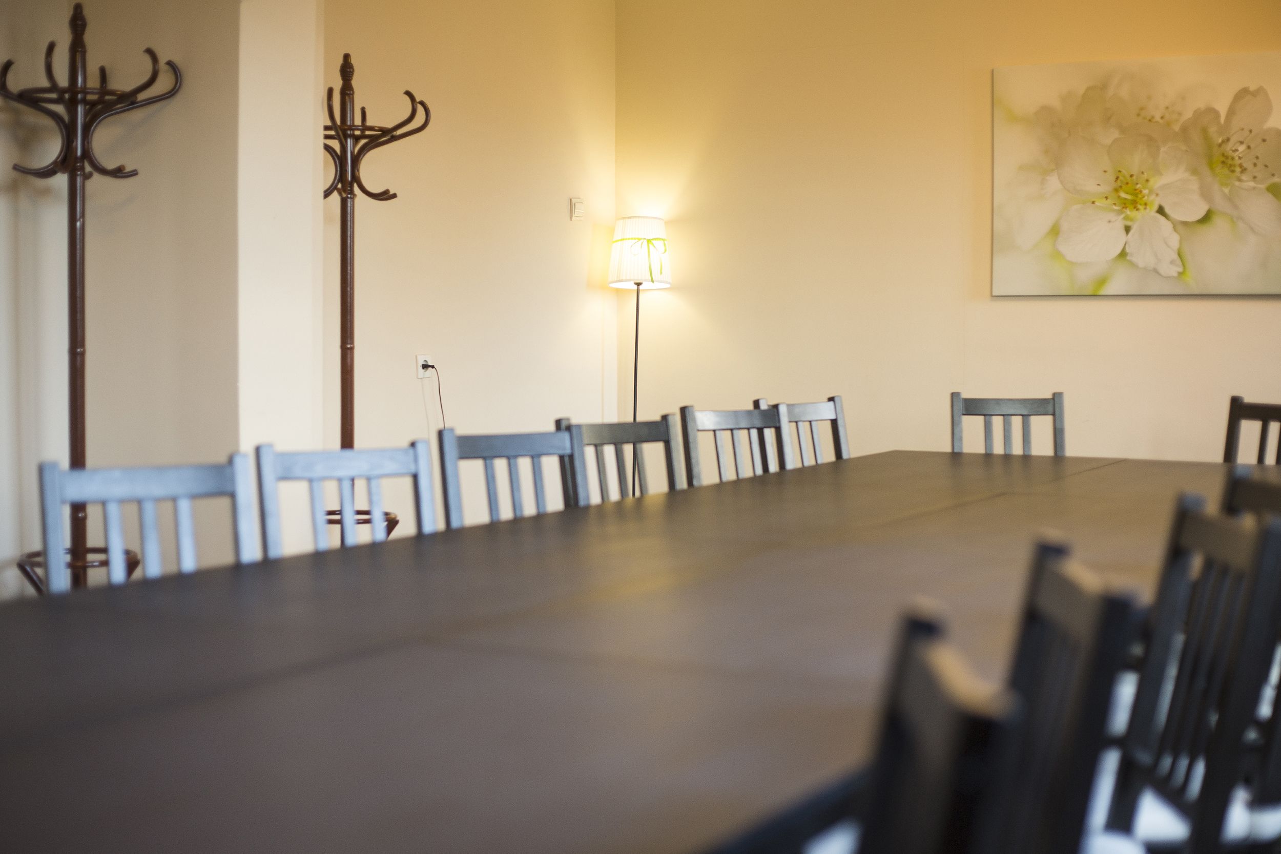 A dining area with a long table and multiple chairs, a floor lamp, and a wall-mounted lamp.