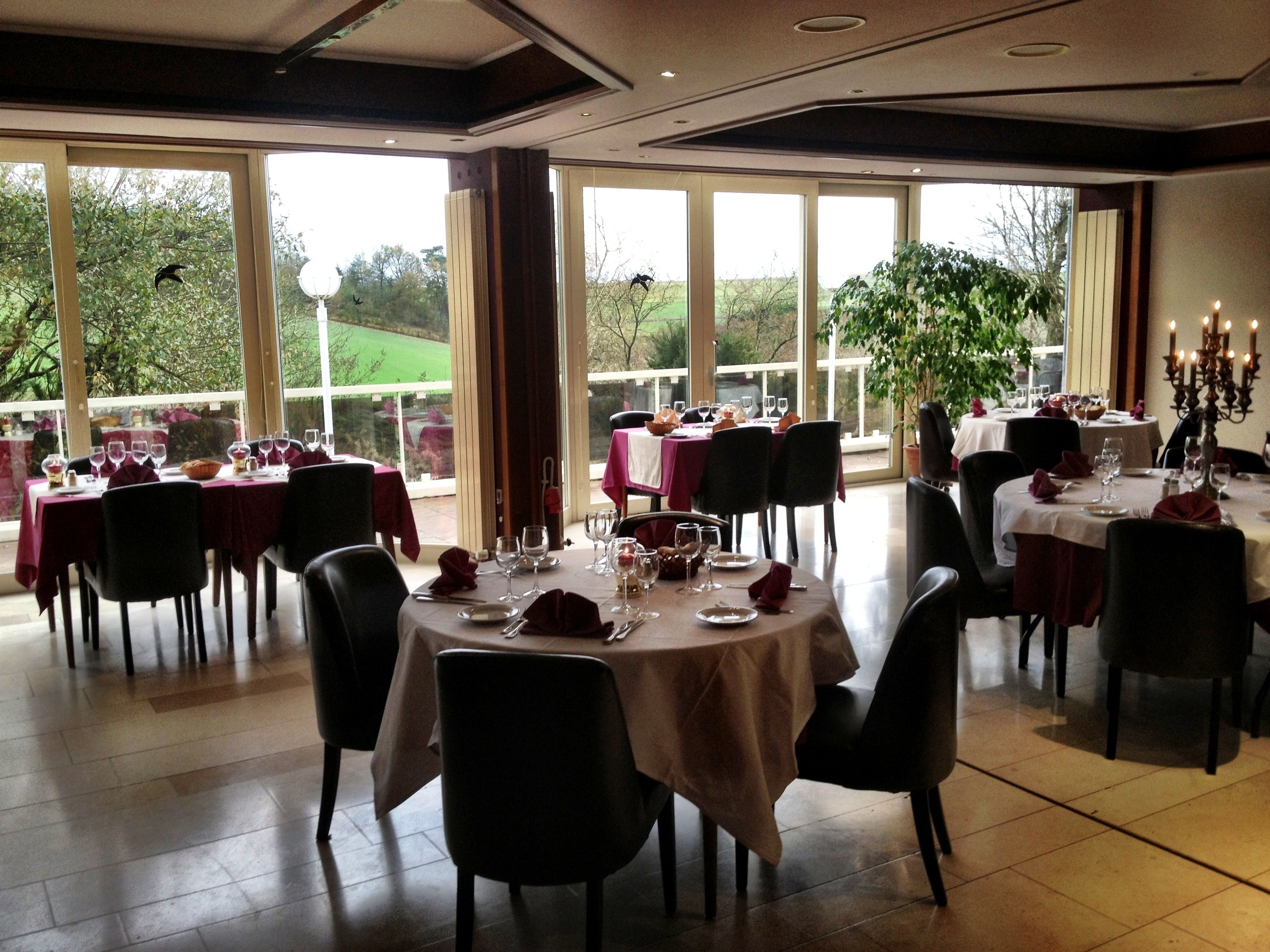 A dining area with round tables set for a meal, large windows offering a view of greenery, and a chandelier in the corner.