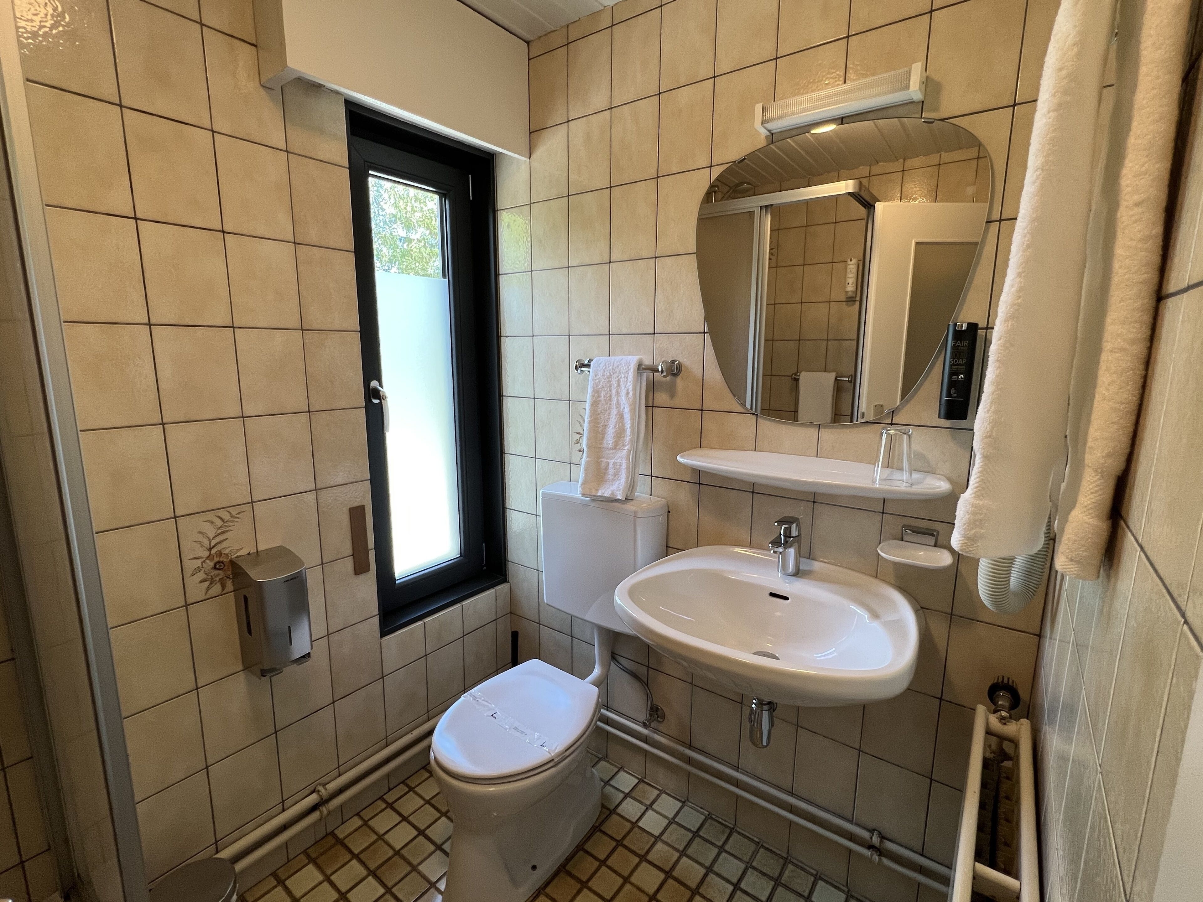 A bathroom with a toilet, sink, and mirror.