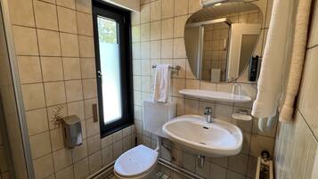A bathroom with a toilet, sink, and mirror.