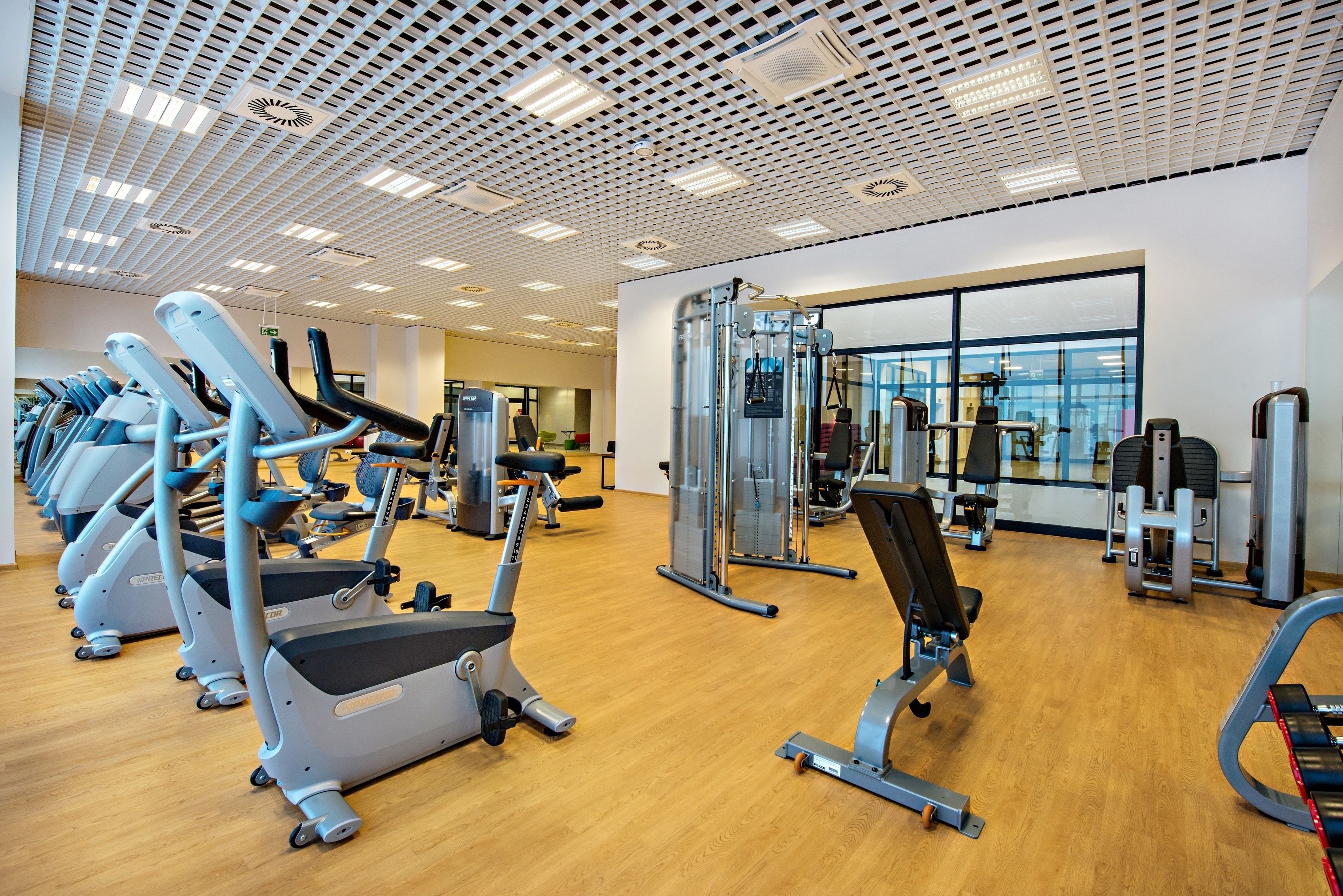 Un gimnasio moderno con cintas de correr, máquinas de pesas y un espejo grande.
