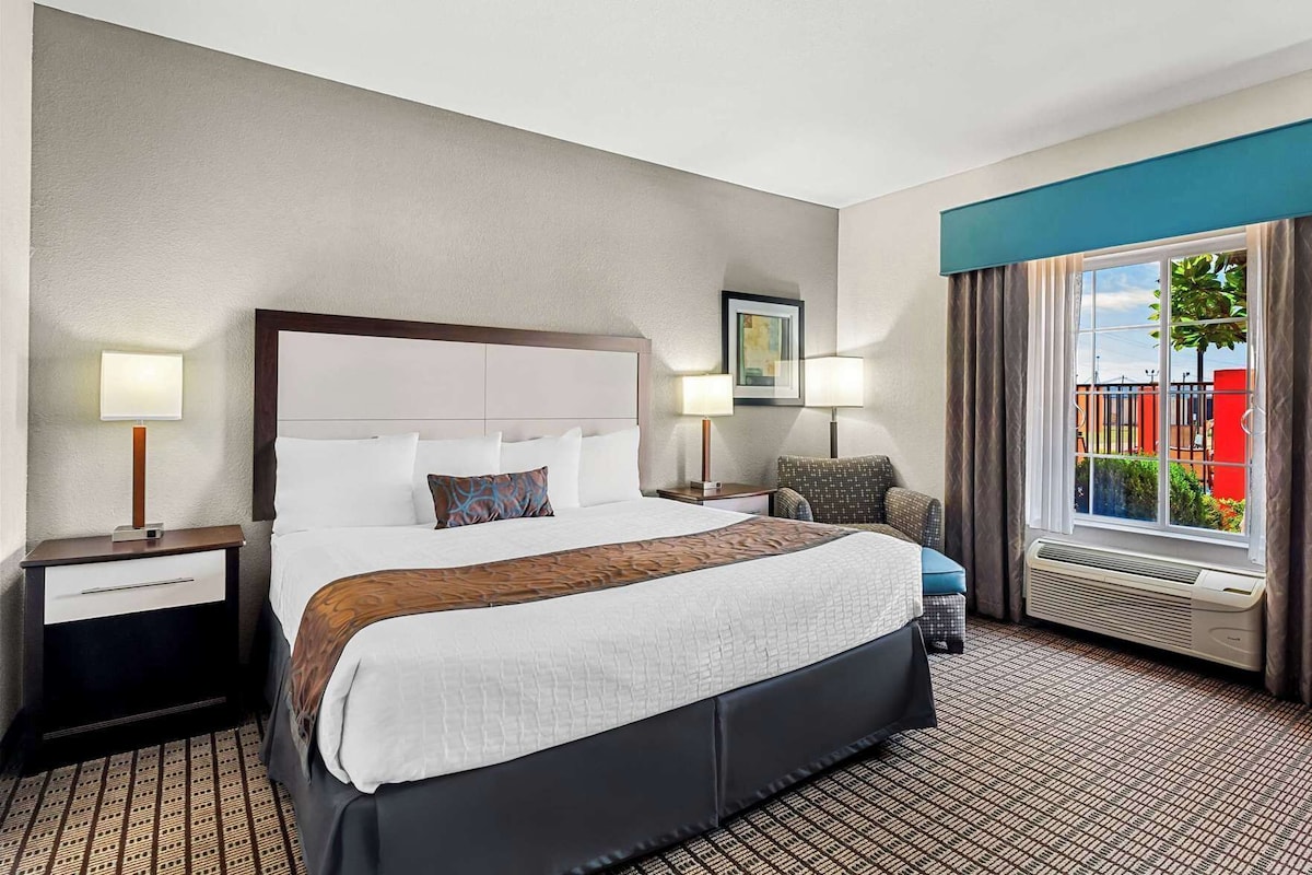 A hotel room with a large bed, two bedside tables, a chair, a window with curtains, and a radiator.