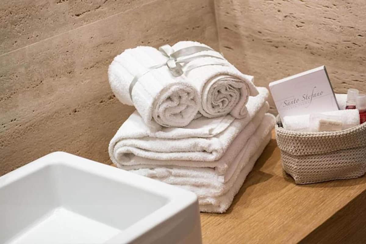 Shower, rainfall showerhead, free toiletries, hair dryer