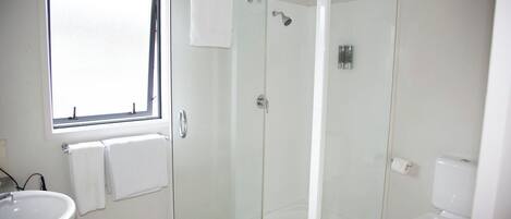 A bathroom with a glass-enclosed shower, a toilet, a sink, and a window.