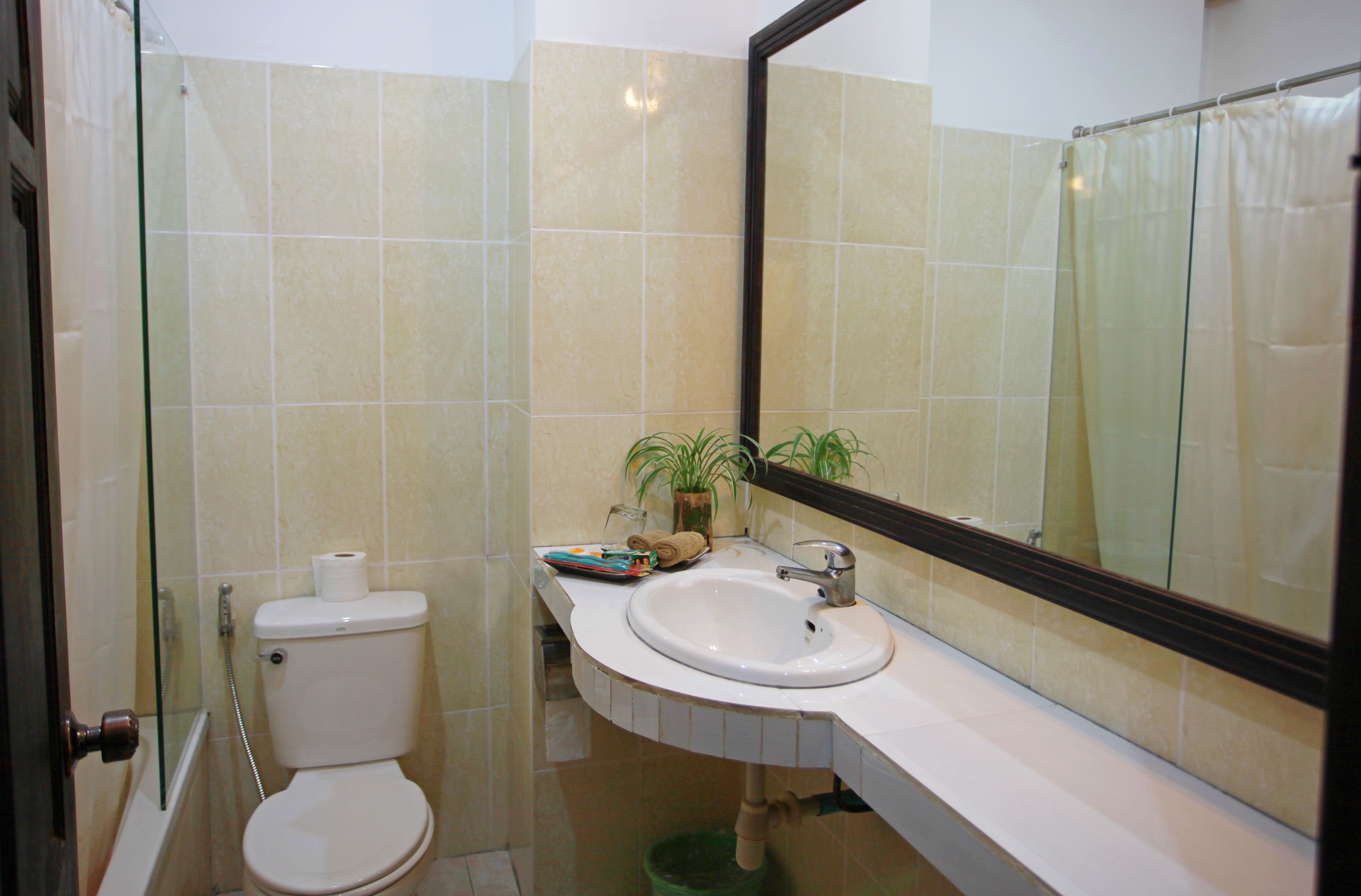 combined shower/bathtub, deep-soaking bathtub, free toiletries
