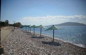 Plage, chaises longues, parasols