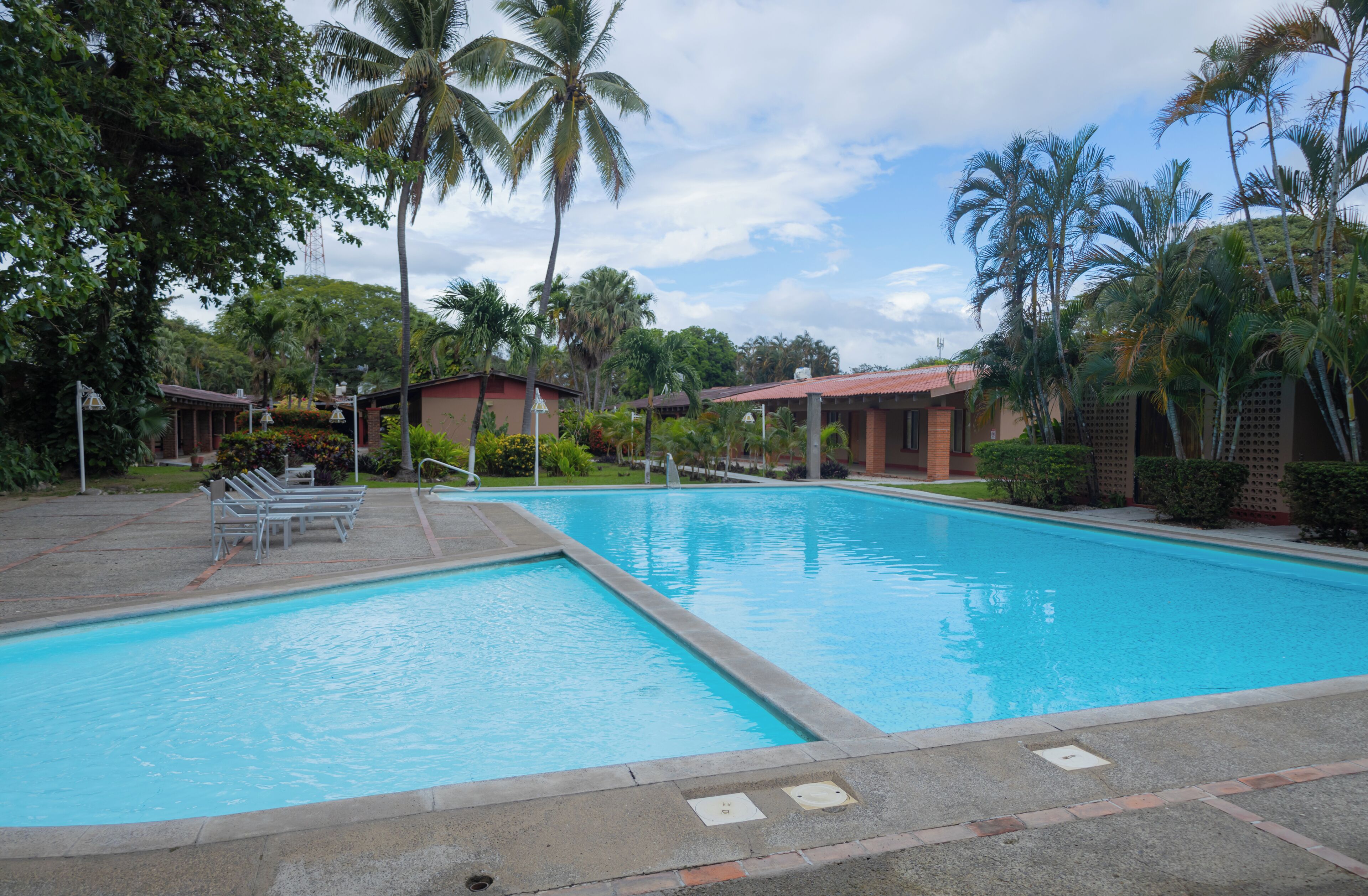 Una piscina con sillones de descanso y palmeras.