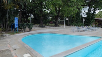 Una piscina con borde de hormigón, rodeada de árboles y una zona de arena.