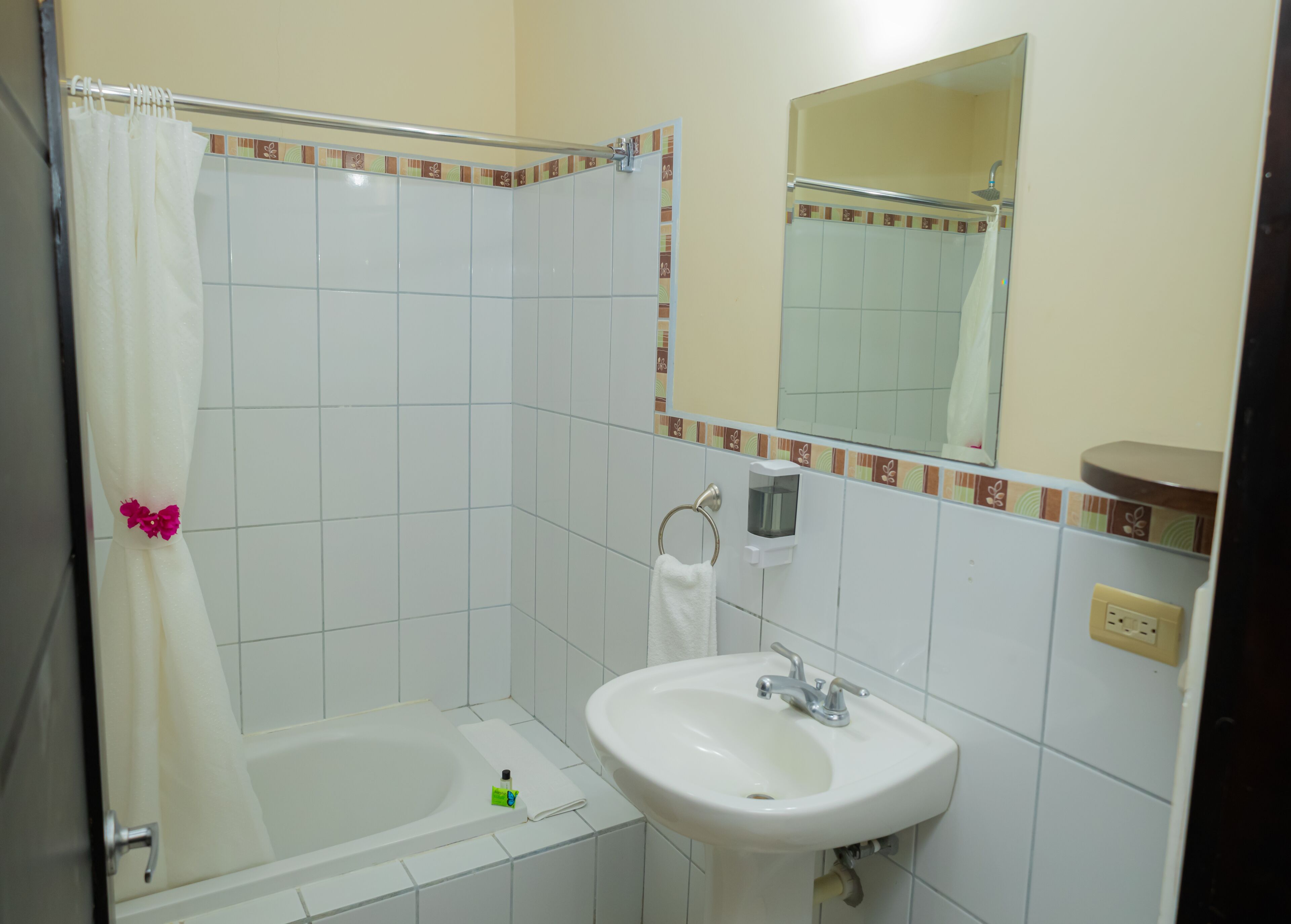 Een badkamer met een badkuip, een wastafel, een handdoekhouder en een spiegel.