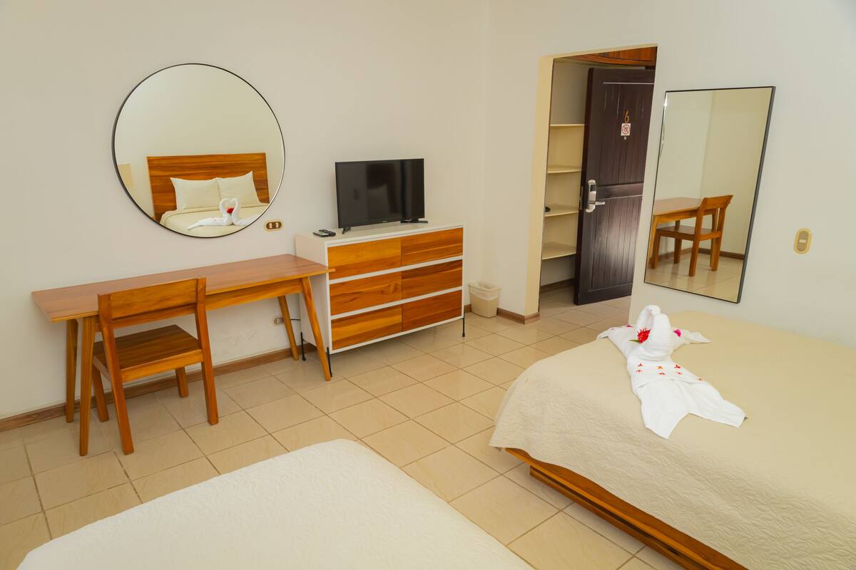 A hotel room with a bed, a desk, a television, a wardrobe, and a mirror.